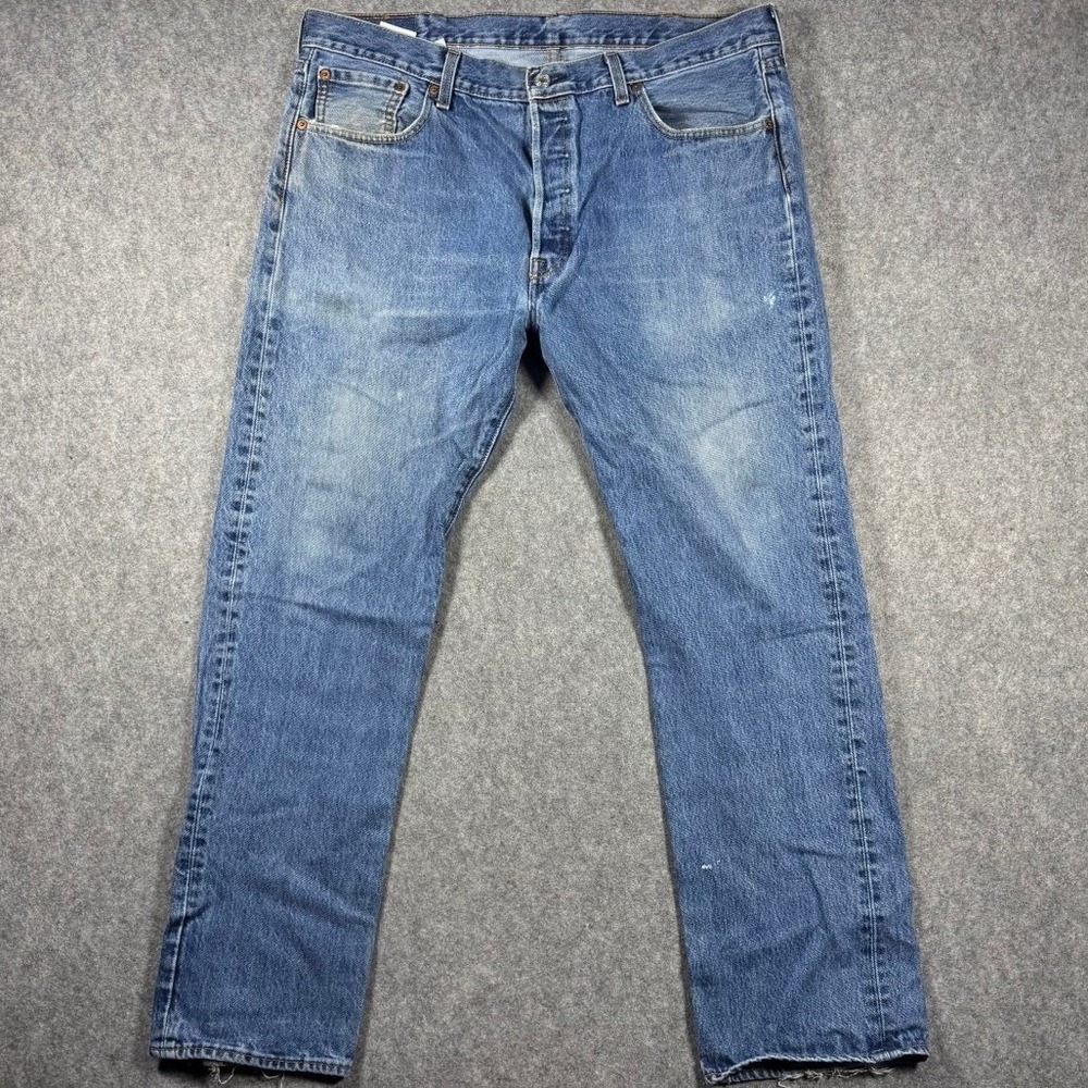 Levis 501 Original Fit Jeans Mens 38x30 Blue Button Fly Straight Leg Distressed